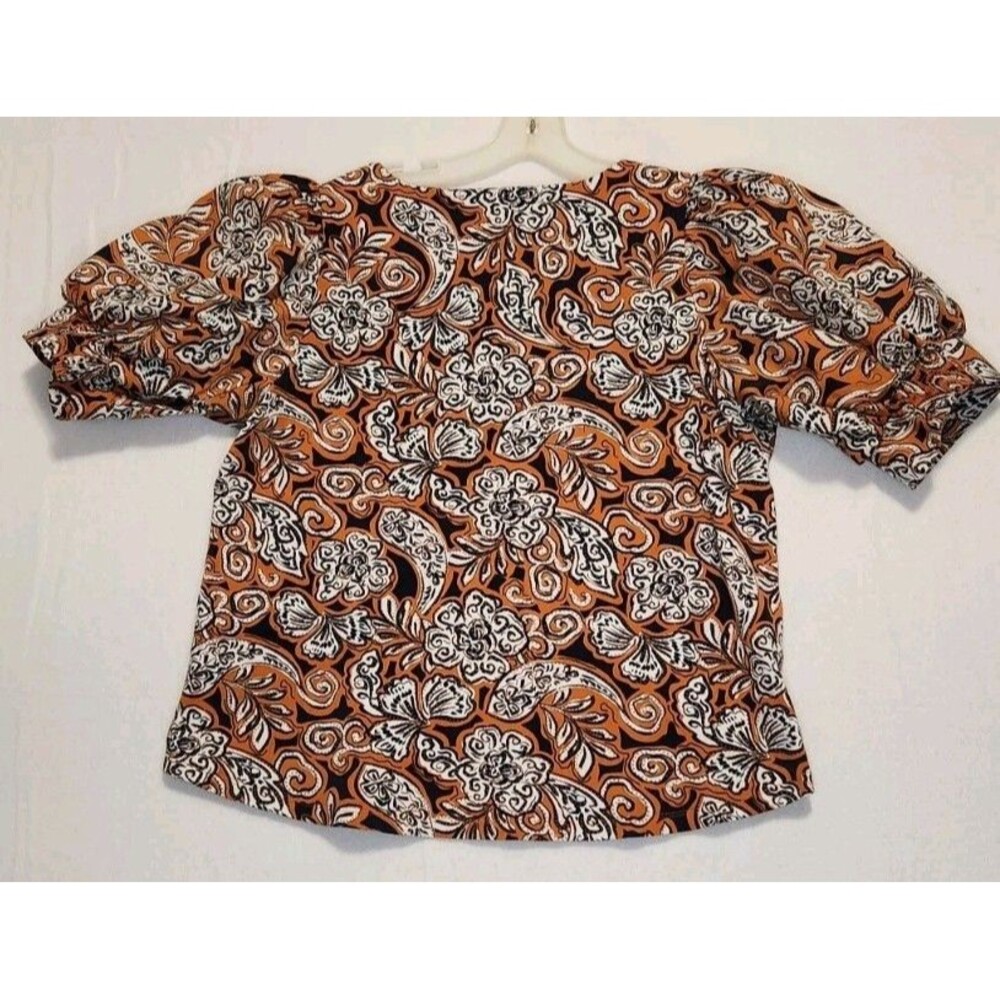 Chicos Size 3 XL Puff Short Sleeve Top Paisley Floral Navy Brown Casual Basic - Picture 5 of 12